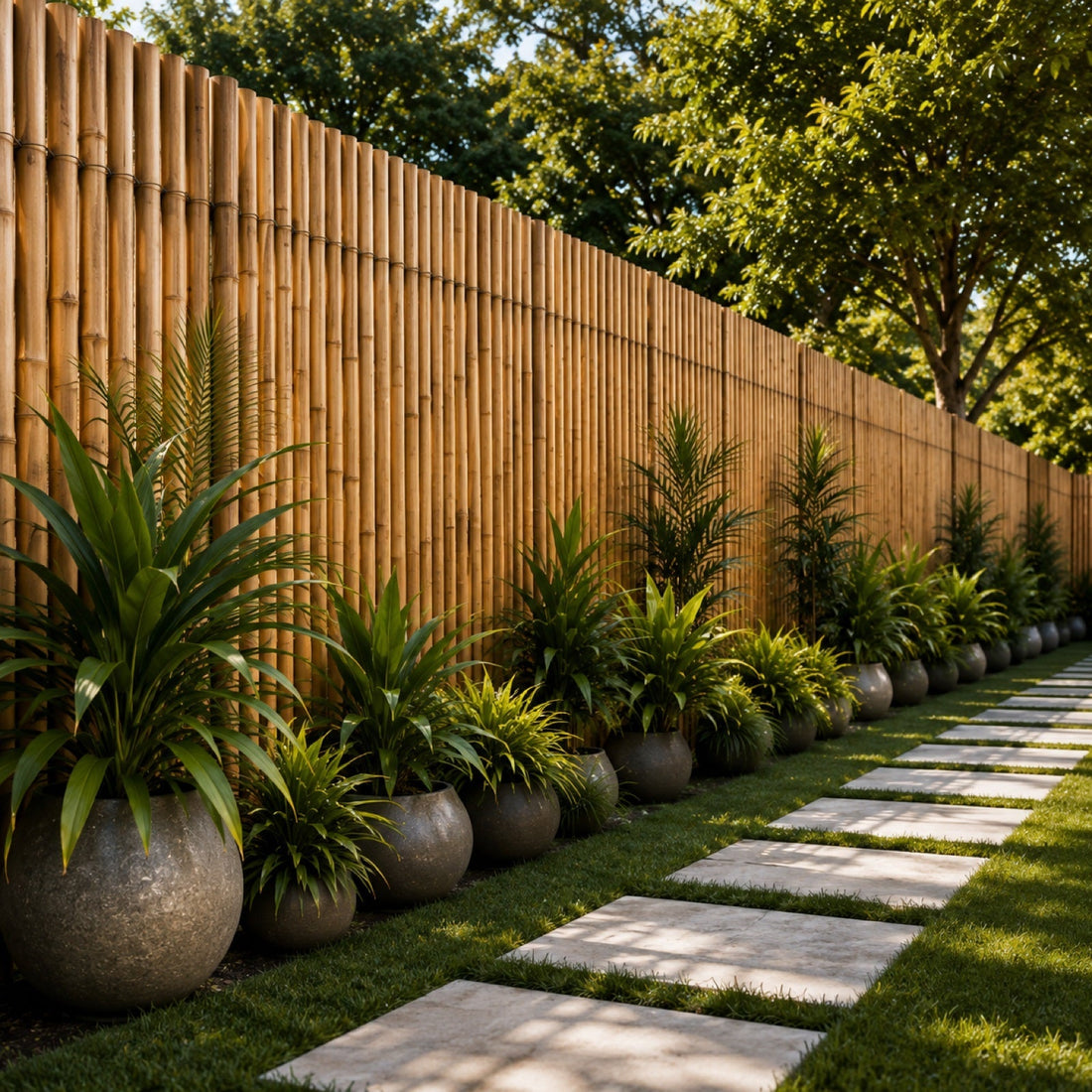 Bamboo fence with potted plants along a garden path