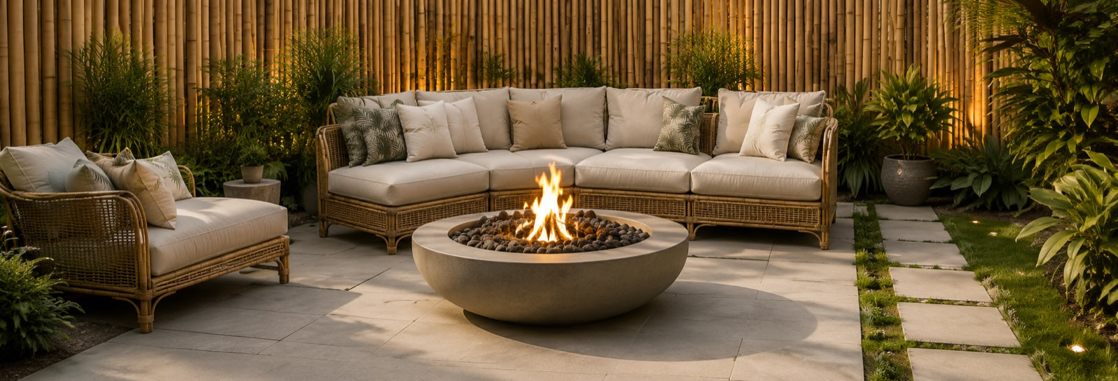 Bamboo patio lounge with fire pit at dusk