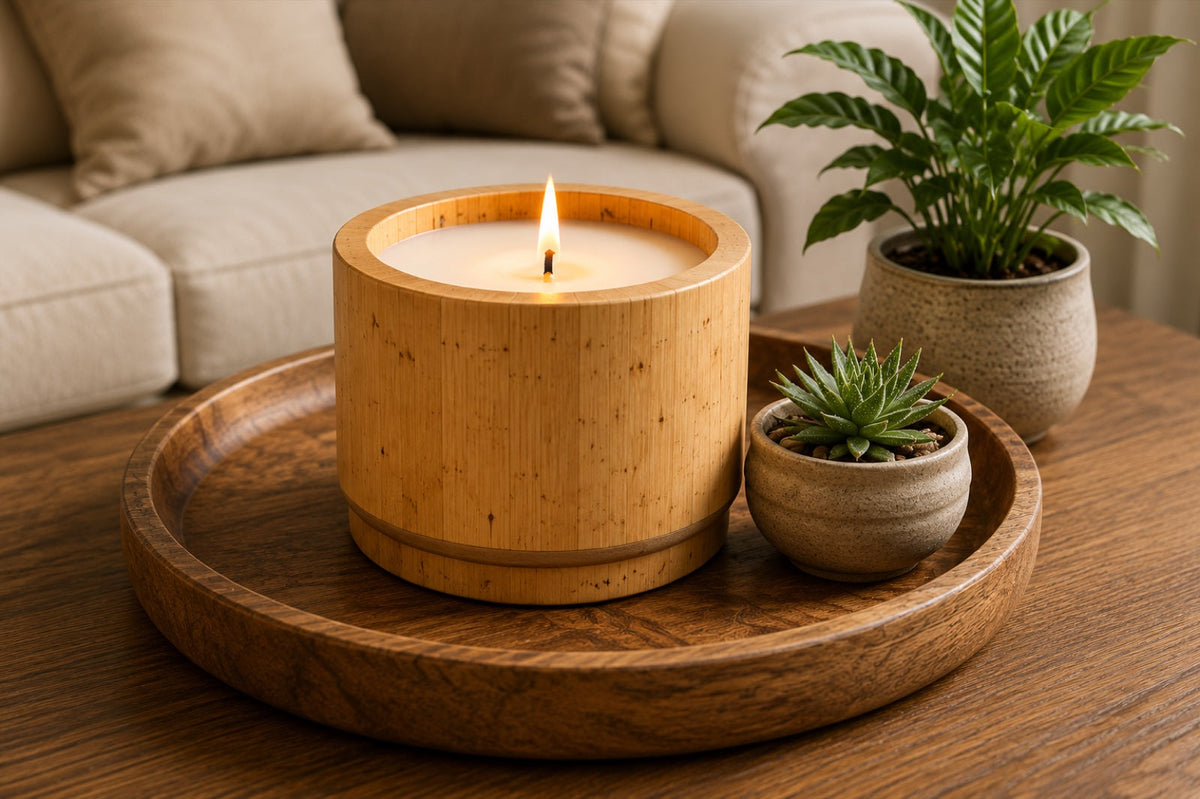 Bamboo candle and potted succulents on a wooden tray